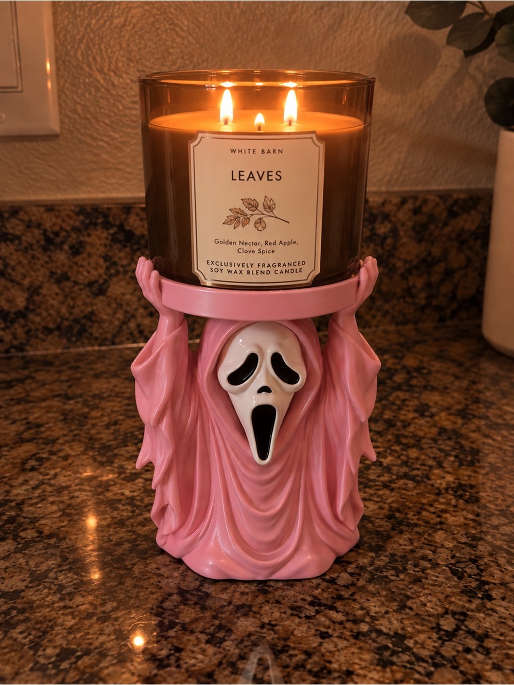 Pink ghost face Candle Holder for Pillar Candles - White Barn Compatible